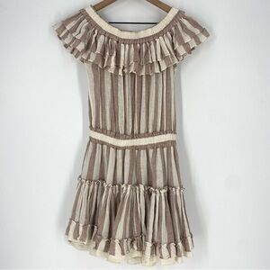 MISA Los Angeles Tan Cream Striped Off the Shoulder Mini Dress